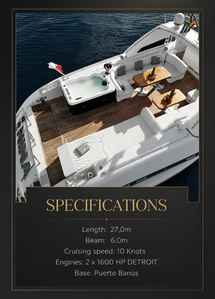 Luxury motor yacht sundeck with jacuzzi and lounge - specifications, base Puerto Banús
