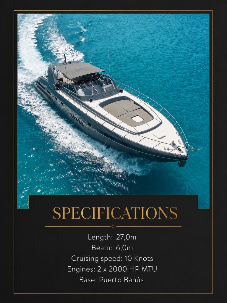 Motor yacht aerial view at speed on open sea with wake - luxury specifications Puerto Banús