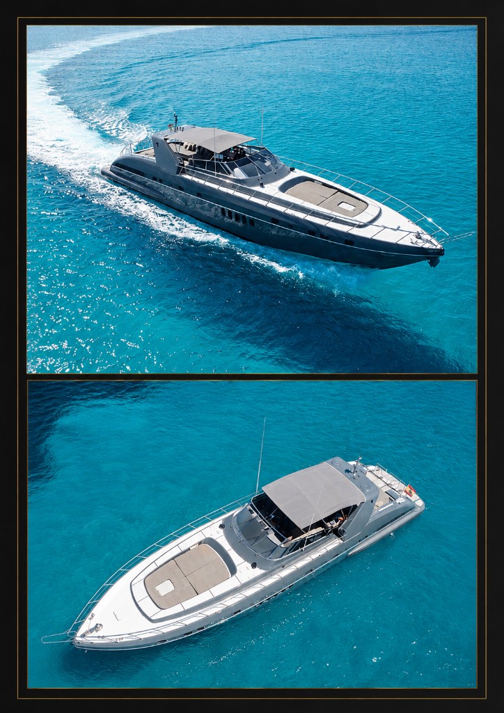 Luxury motor yacht - aerial views over deep blue and turquoise Mediterranean water