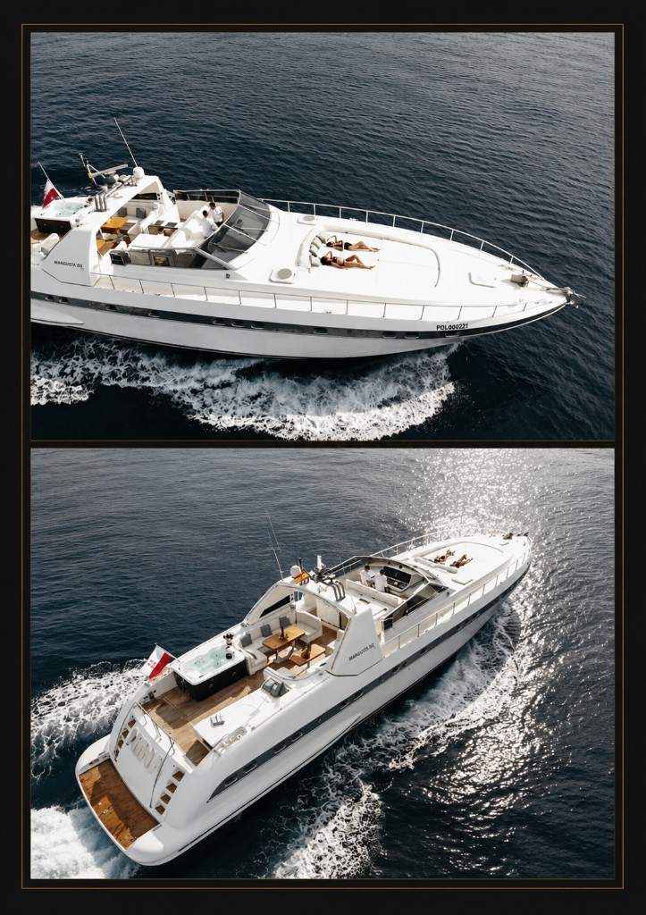 Mangusta 80 luxury motor yacht - aerial side and aft deck moments on sparkling sea