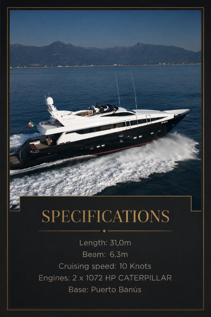 Luxury motor yacht specifications - aerial view at speed on open Mediterranean water
