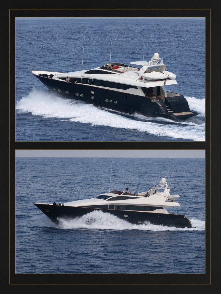 Luxury motor yacht at speed on the Mediterranean - two views, sleek dark hull with white superstructure